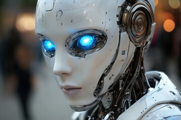 Poster - Robot with glowing blue eyes captures attention in a bustling urban setting at twilight