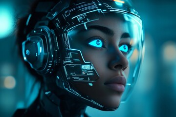 Poster - Futuristic female character with glowing blue eyes in advanced virtual headset design