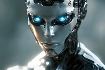 Aufkleber - Robot with glowing blue eyes displays intricate metallic features in a futuristic setting