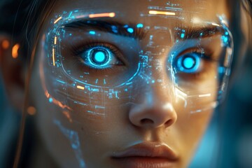 Poster - Close-up of a futuristic woman with glowing digital augmentations around her eyes in a high-tech environment