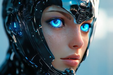 Aufkleber - Futuristic cyborg with glowing blue eyes showcases advanced technology and intricate design details in a close-up view