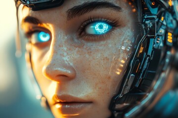 Poster - Futuristic cyborg female with luminous blue eyes showcasing advanced technology in a close-up portrait