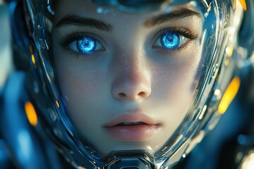 Poster - Futuristic portrait of a woman in a high-tech helmet with glowing blue eyes in a sci-fi environment