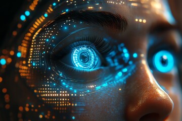Fototapete - Futuristic close-up of an eye displaying digital patterns and glowing blue lights with a tech-inspired aesthetic