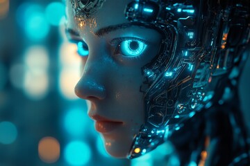 Aufkleber - Cyborg with glowing blue eyes explores a futuristic environment filled with bright lights and high-tech designs