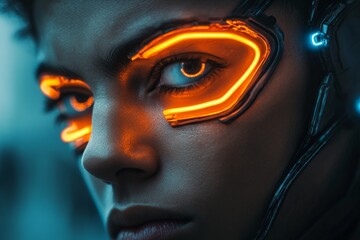 Poster - Futuristic portrait of a cyborg with glowing orange features in a cyberpunk environment