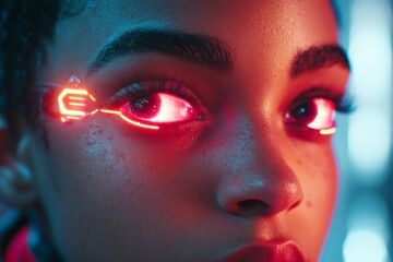 Poster - Eye-catching futuristic close-up of a young person with neon accents in an urban setting during nighttime