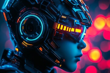 Aufkleber - Futuristic cyborg with glowing visor and intricate design in a vibrant neon environment