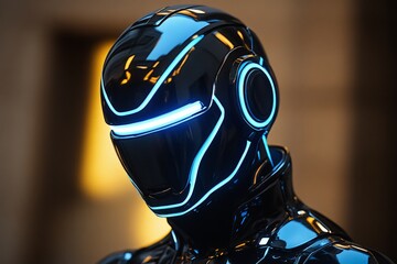 Poster - Futuristic robotic figure with glowing blue accents in an urban environment at dusk
