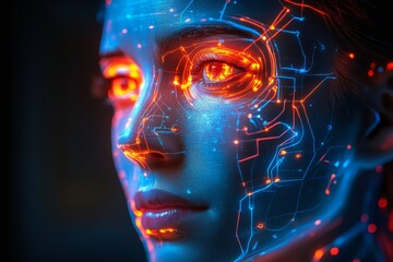 Aufkleber - Futuristic female face illuminated with glowing circuitry patterns and vibrant colors at night