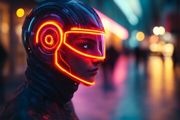 Leinwandbilder - Futuristic mannequin with glowing visor standing in a vibrant urban setting during twilight