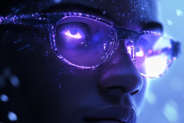 Aufkleber - Close-up of a person wearing futuristic glasses with glowing effects reflecting in their eyes in a high-tech environment