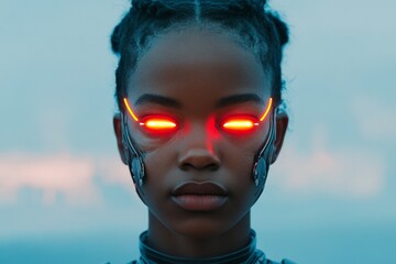 Poster - Futuristic cybernetic figure with glowing red eyes stands against a dramatic sky at sunset