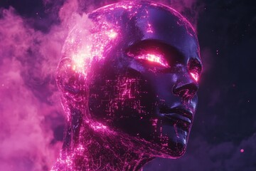 Poster - Futuristic robot head with glowing features surrounded by vibrant smoke at night