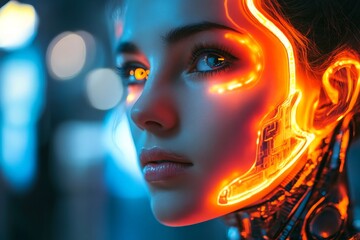 Poster - Futuristic close-up of a young woman with glowing cybernetic features in a neon-lit environment