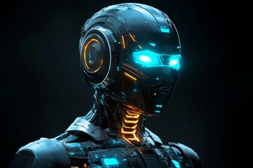 Aufkleber - Cybernetic humanoid with glowing blue features in a dark setting depicts advanced artificial intelligence technology