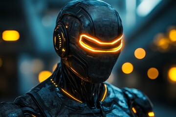 Poster - Futuristic robotic figure with glowing elements in an urban setting at dusk