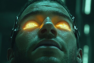 Poster - Futuristic character with glowing eyes in a cybernetic setting focuses on advanced technology and unseen elements