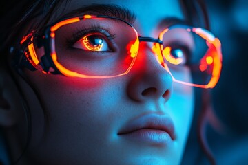 Poster - Young individual with glasses reflecting vibrant neon lights in a dimly lit environment during an evening setting