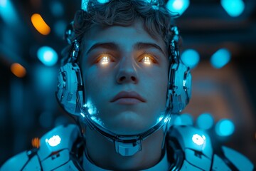 Aufkleber - Young astronaut in futuristic suit prepares for space mission in high-tech environment illuminated by blue lights
