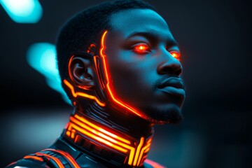Poster - Futuristic character with glowing features and vibrant colors in a high-tech environment