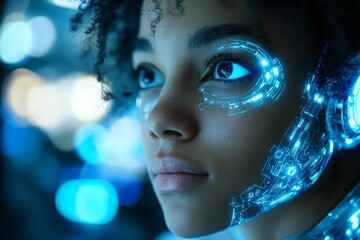Aufkleber - Close-up of a young person with futuristic cybernetic enhancements in a glowing blue environment