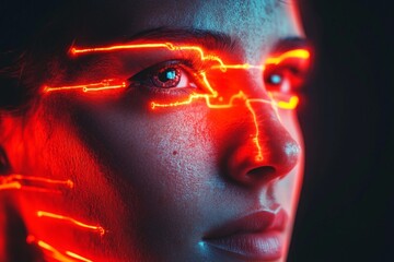 Fototapete - Creative portrait of a person with glowing red lines on the face captured in a dark setting