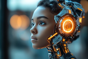 Aufkleber - Futuristic portrait of a young human-robot hybrid with glowing elements in an urban setting