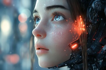 Poster - Realistic portrait of a futuristic woman with cybernetic enhancements in a high-tech environment