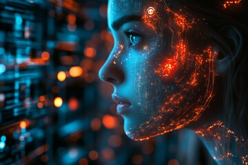 Poster - Futuristic portrait of a woman with digital circuits illuminating her face in a high-tech environment