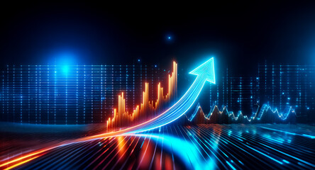 Fototapete - A vibrant blue arrow dynamically surges upward against a backdrop of glowing orange and blue graphs and lines, symbolizing growth and progress in a futuristic digital space.