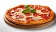 © punyapob - A pizza with pepperoni and basil sits on a white background, dough
