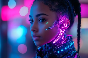 Poster - Young woman with glowing cybernetic ear in futuristic neon-lit environment