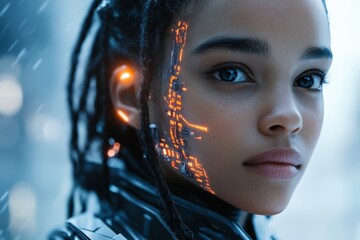 Aufkleber - Portrait of a futuristic young woman with glowing circuit patterns on her face in a high-tech city environment