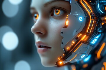 Aufkleber - Intricate cybernetic face with glowing elements and expressive eyes against a blurred background