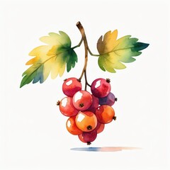 Wall Mural - Watercolor Painting of Redcurrants with Green Leaves