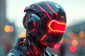 Poster - Futuristic robotic figure with glowing features in an urban environment during twilight