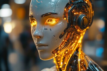 Poster - Advanced robotic figure with illuminated features in a futuristic urban environment