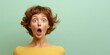 © Nataliia_Trushchenko - Woman with short brown hair and a yellow shirt is looking surprised. The image has a bright and cheerful mood, with the yellow shirt