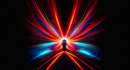 Wall Mural - vibrant abstract digital art featuring bright light rays in red, orange, and blue emanating from a c