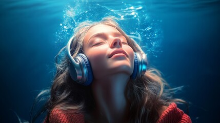 Wall Mural - Woman is wearing headphones and is underwater. She is wearing a red sweater. Concept of relaxation and tranquility