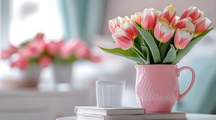 Wall Mural - Beautiful pink flower vase filled with pink flowers sits on a table next to a book. The vase is placed on a coaster, and the flowers are arranged in a way that they are visible from all angles