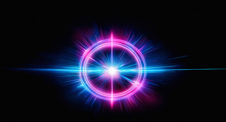 Poster - circular light effect on a black background. luminous circle with pink and blue rays expanding. brig