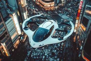 Poster - Futuristic flying vehicle soaring over a busy urban intersection during twilight in a vibrant city
