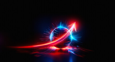 Wall Mural - Vibrant red arrow swirls around a glowing blue sphere, creating a dynamic energy flow against a stark black backdrop, illuminated with neon light streaks.