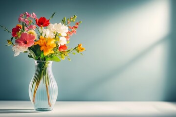 Wall Mural - Vase of flowers sits on a table. The flowers are in a clear vase and are arranged in a way that makes them look like they are in a bouquet. The vase is placed on a white table