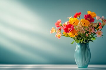 Wall Mural - Vase of flowers sits on a table in front of a blue wall. The flowers are a mix of red, yellow, and pink, and they are arranged in a way that makes the vase look full and vibrant