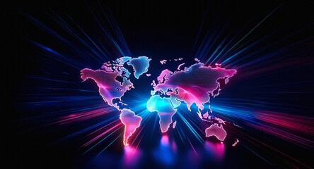 Wall Mural - vibrant world map outlined in neon colors, glows against a dark backdrop. electric blue and pink hue
