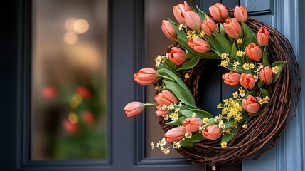 Wall Mural - Wreath of flowers with a few tulips and daisies on a door. The wreath is orange and yellow