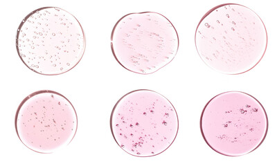 Poster - Various pink clear gel textures with bubbles are isolated on white background, showcasing different patterns and consistencies